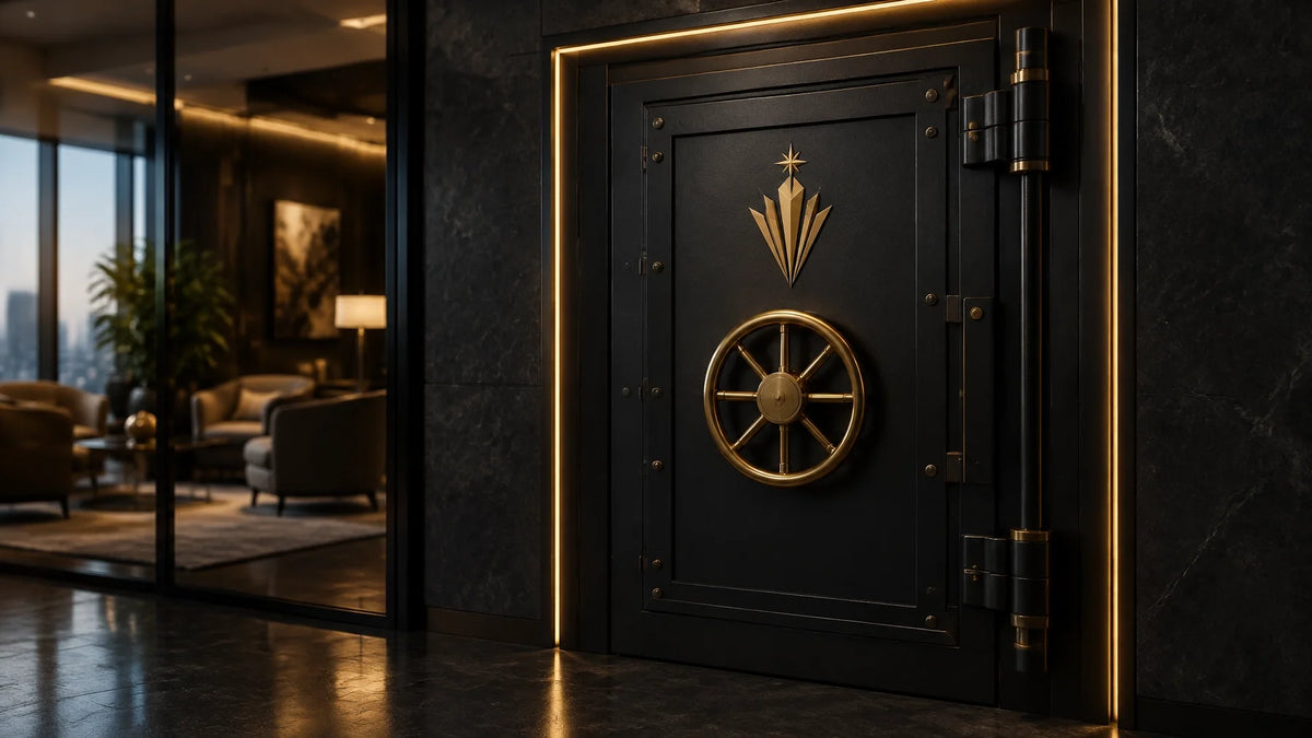Heavy black vault door with a brass wheel in a dark executive corridor