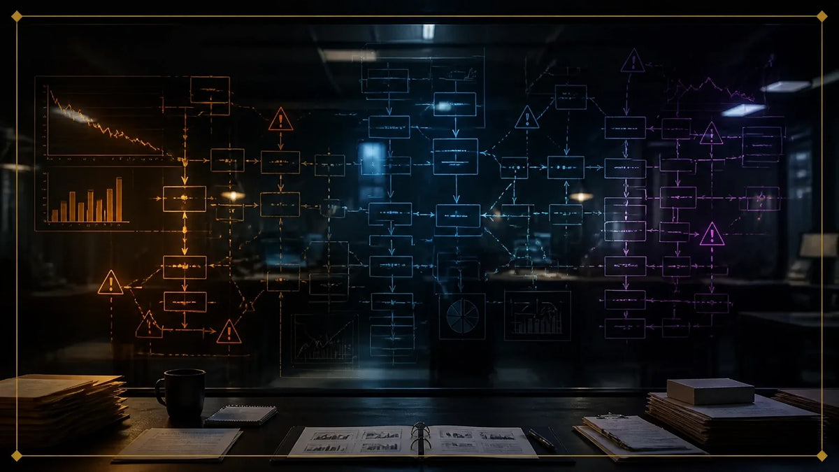 Forensic operations room with organizational evidence board illuminated in orange, blue, and purple