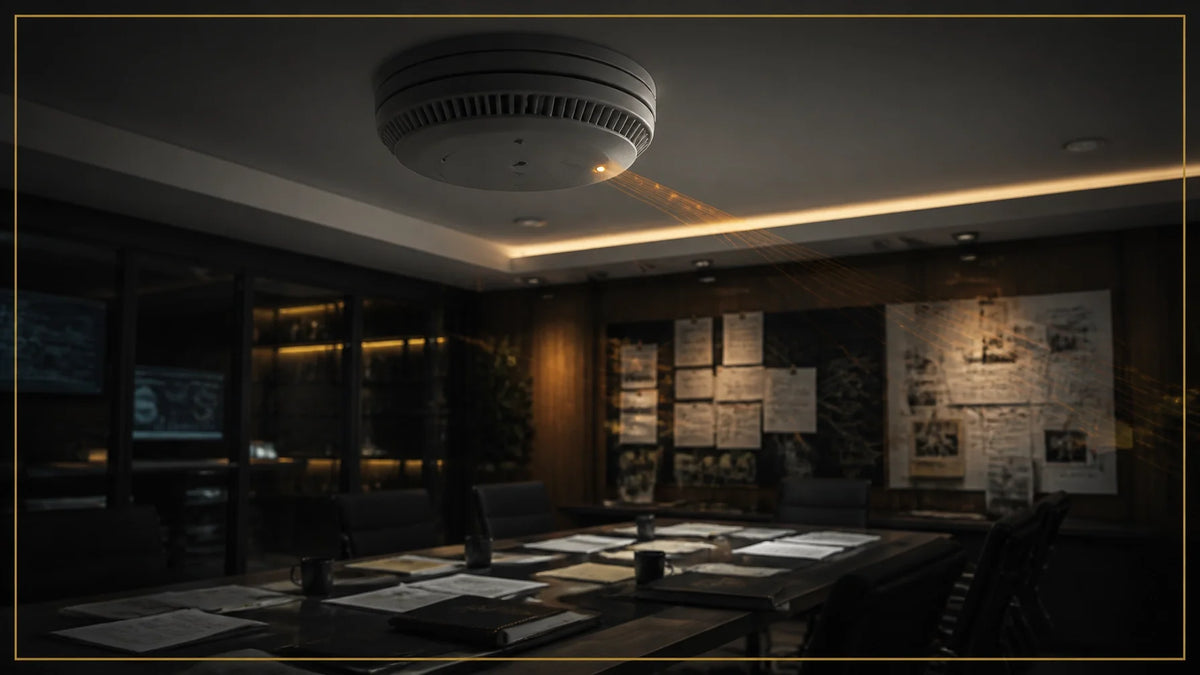 A silent smoke detector in a modern executive operations room surrounded by faint amber operational signals