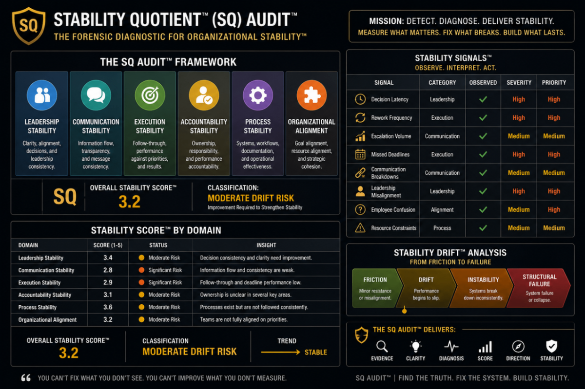 Stability Quotient audit dashboard showing organizational metrics, risk signals, and Stability Score data