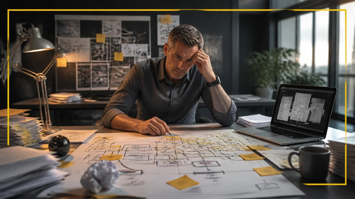 Executive operations room with a professional reviewing a fragmented workflow, duplicate forms, and conflicting process maps