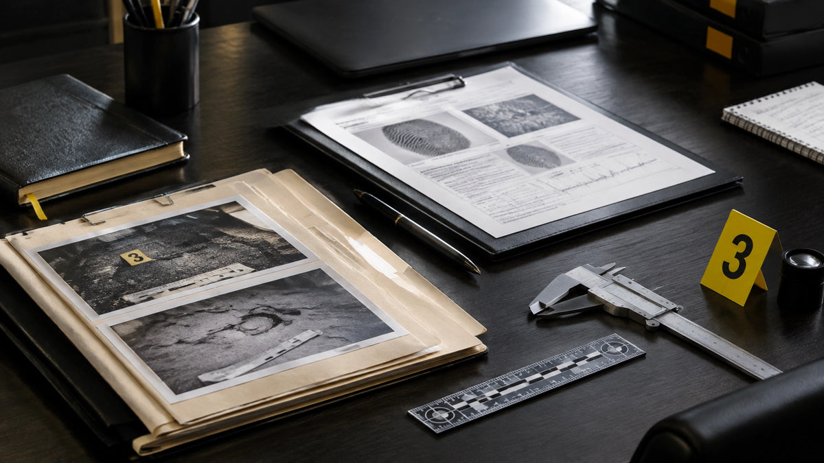 Forensic case file and measurement tools arranged on a dark executive desk