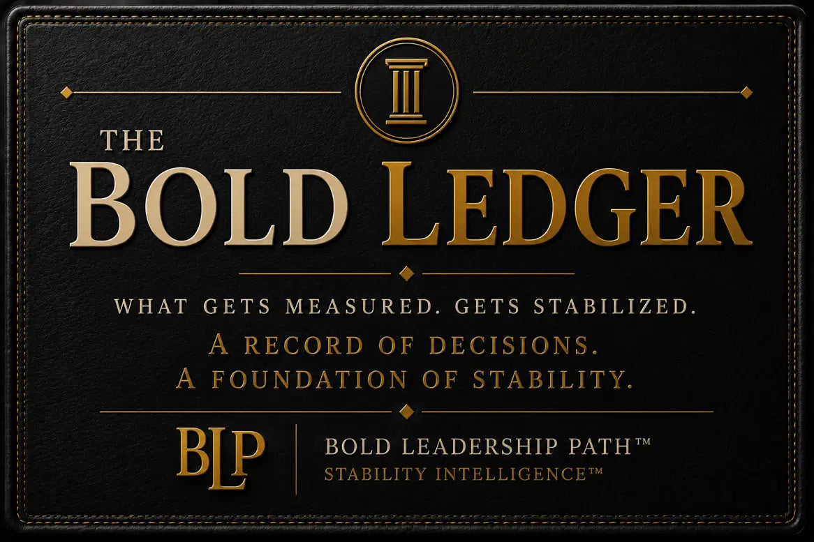 The Bold Ledger manifesto plaque representing forensic leadership evidence and organizational stability