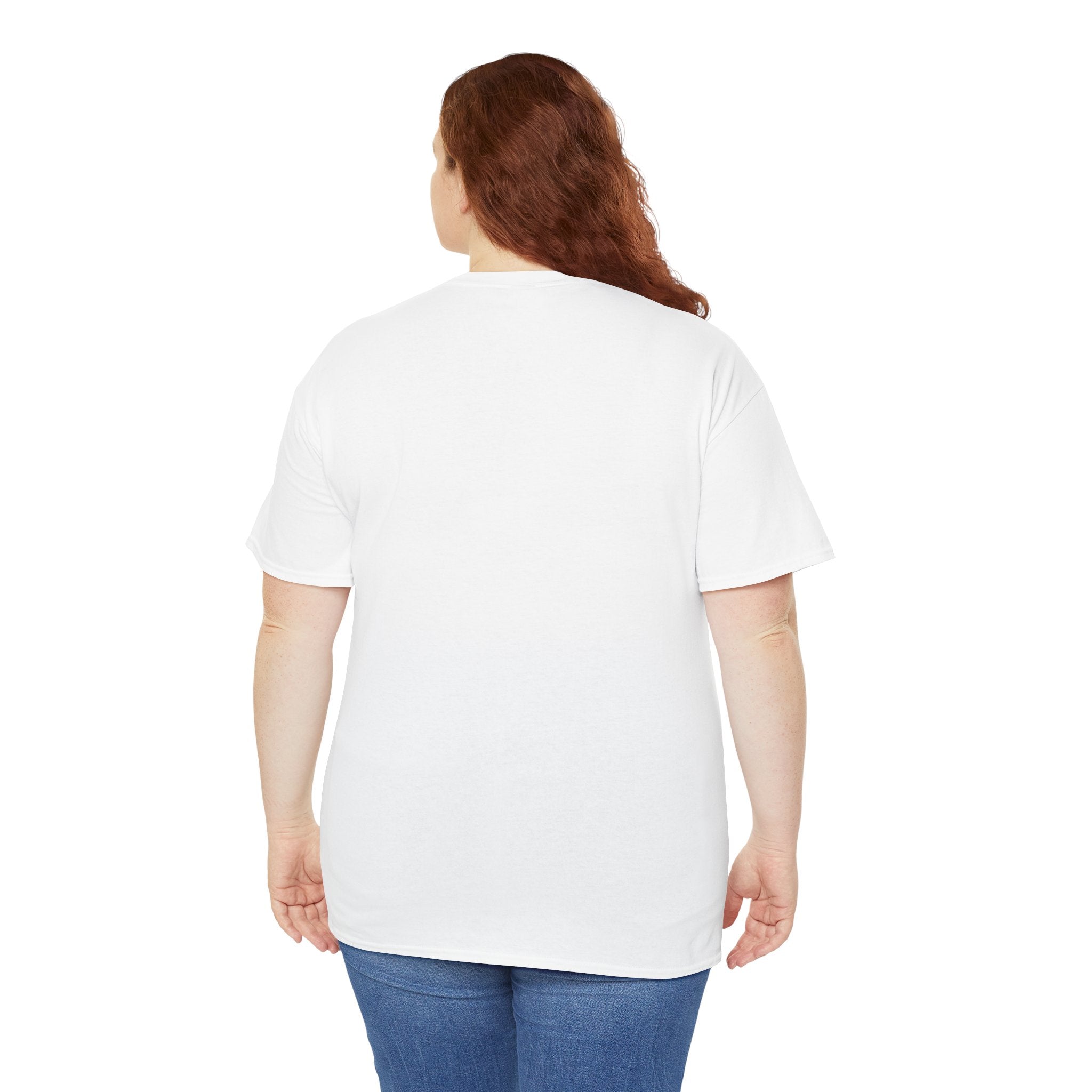 Person wearing a plain white t-shirt on a white background