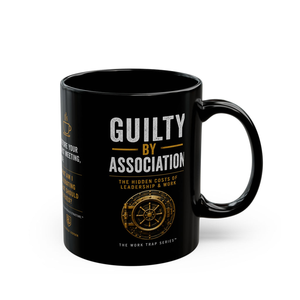 Black mug with text and design on a white background