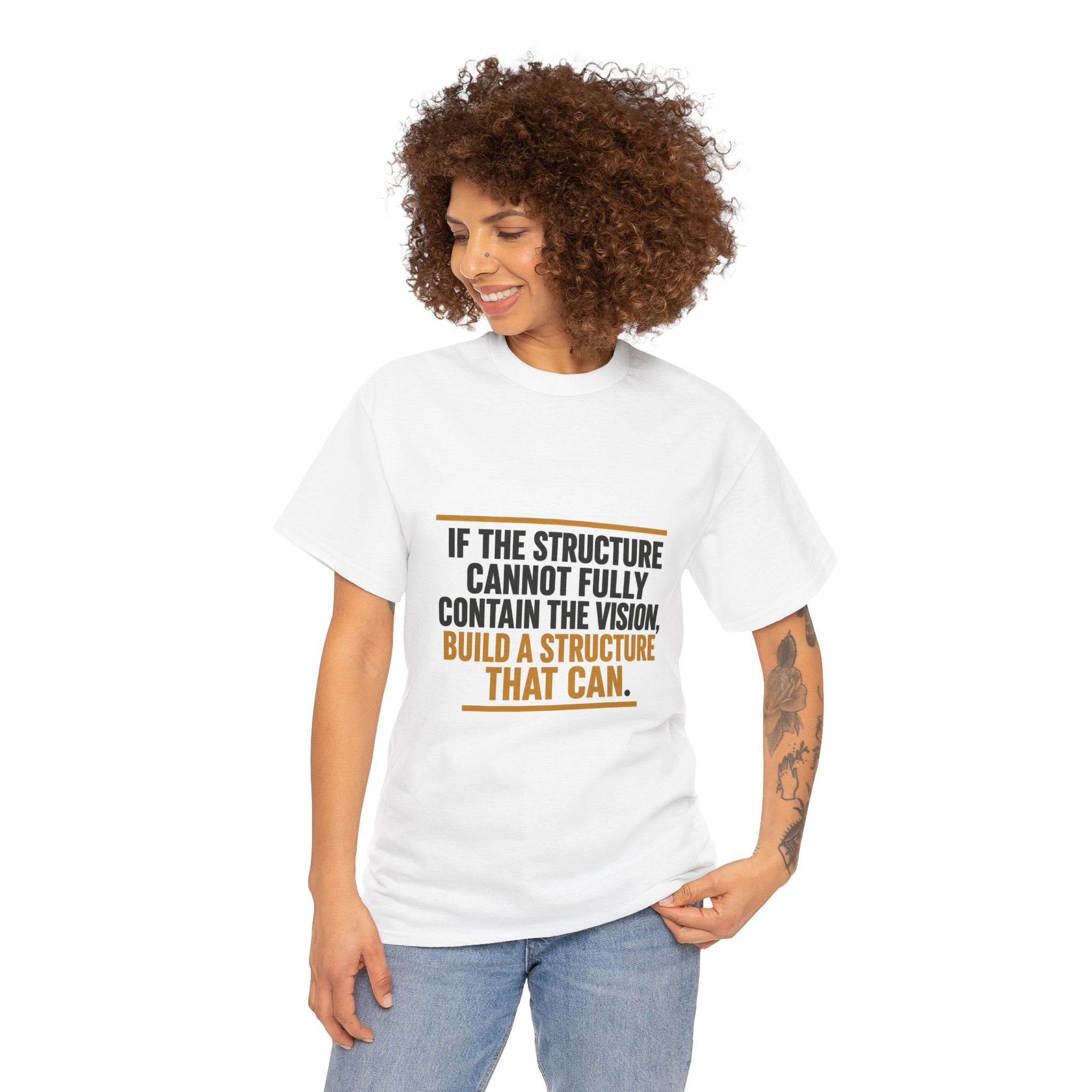 Person wearing a white t-shirt with a motivational quote on a white background