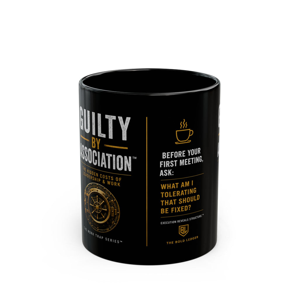 Black mug with text and graphics on a white background