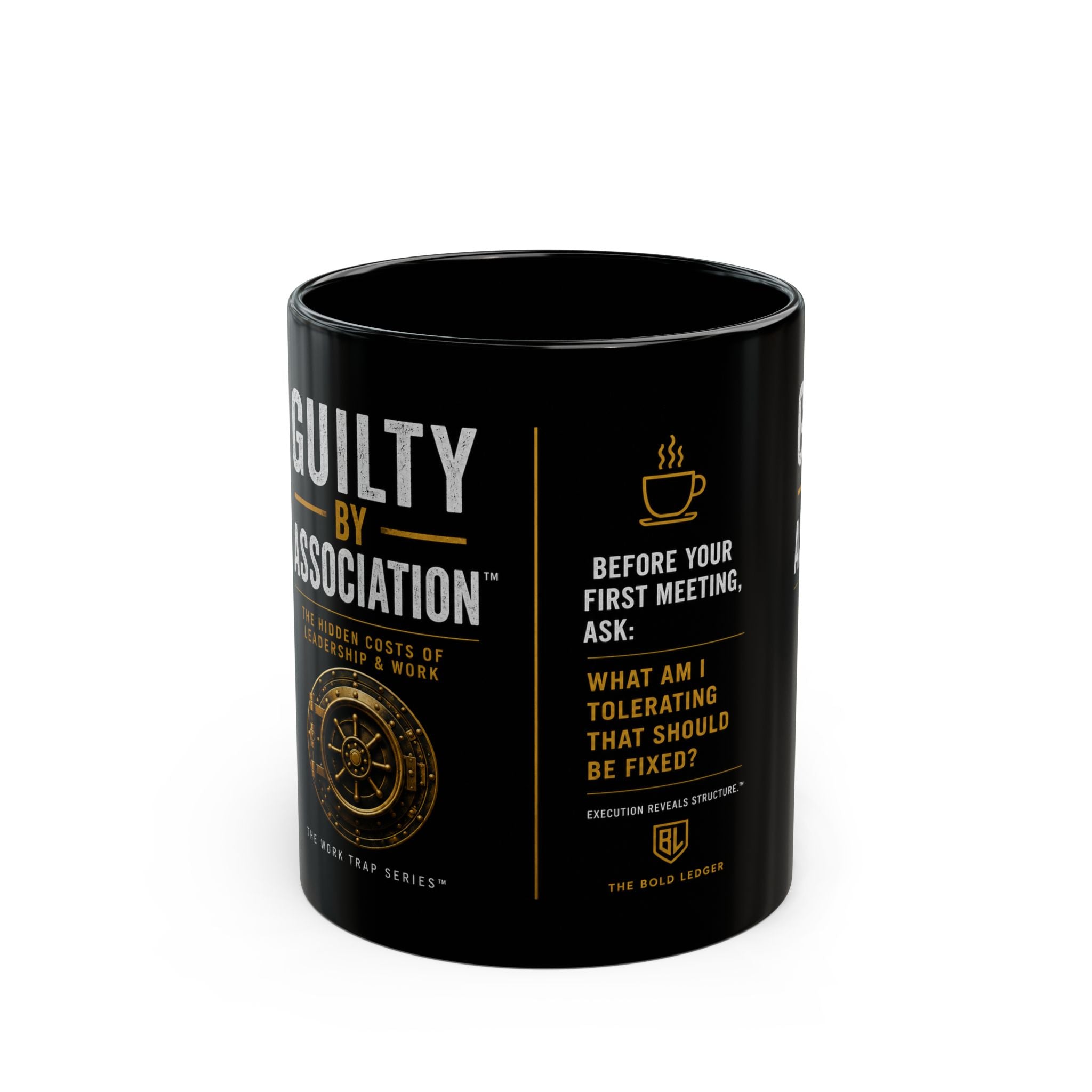 Black mug with text and graphics on a white background