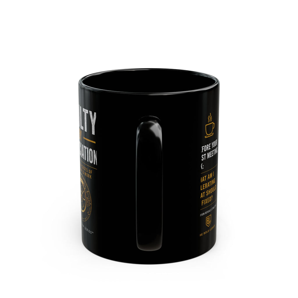 Black mug with gold text and design on a white background