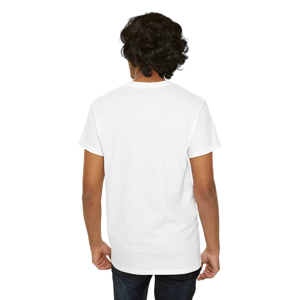 Person wearing a plain white t-shirt on a white background