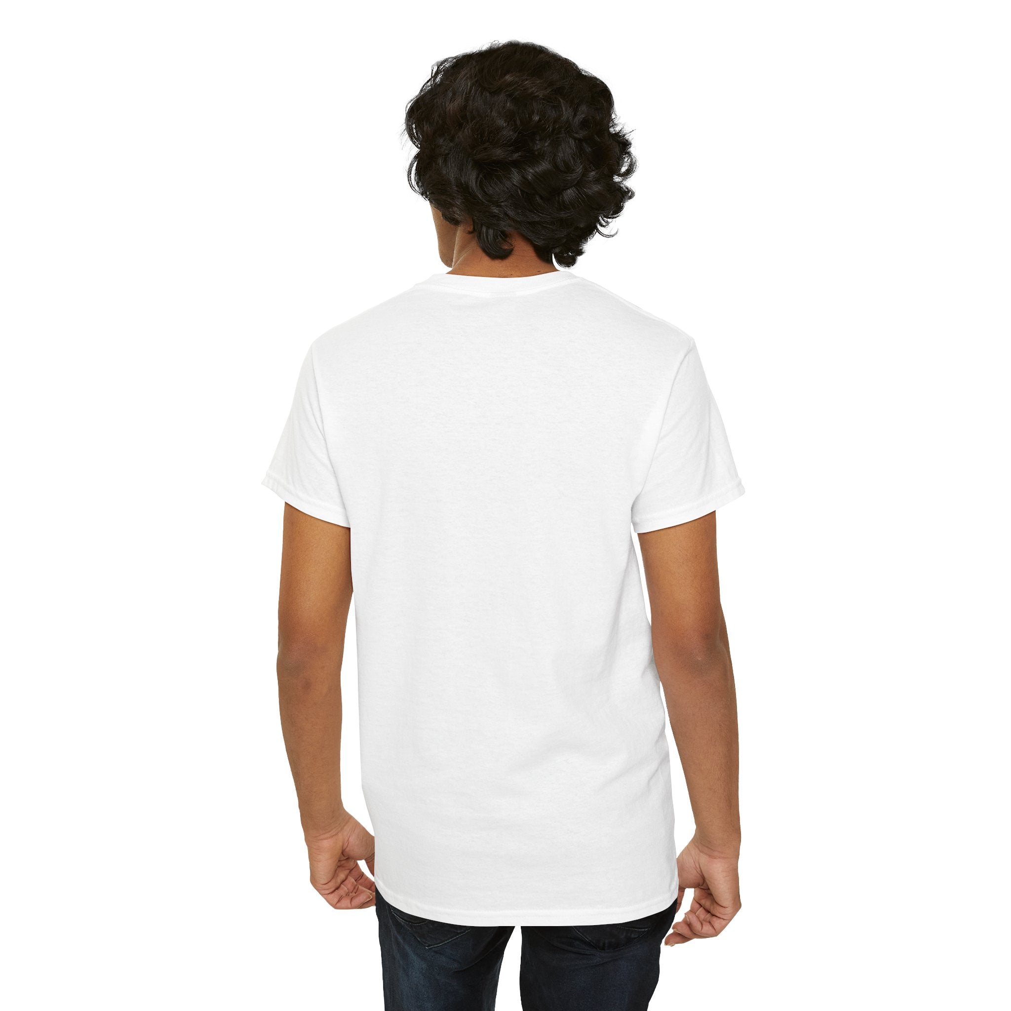 Person wearing a plain white t-shirt on a white background