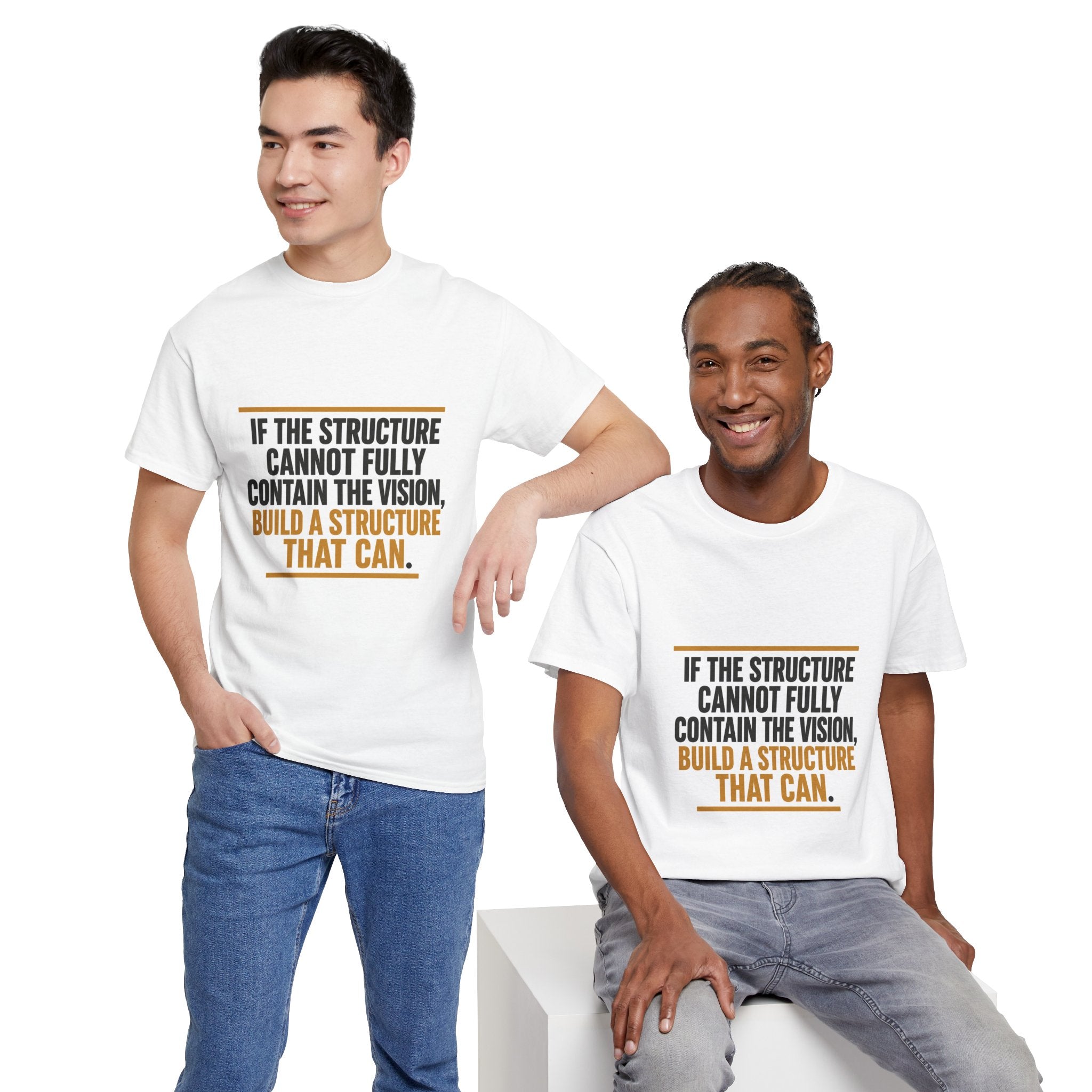 Two people wearing white t-shirts with a motivational quote on a white background