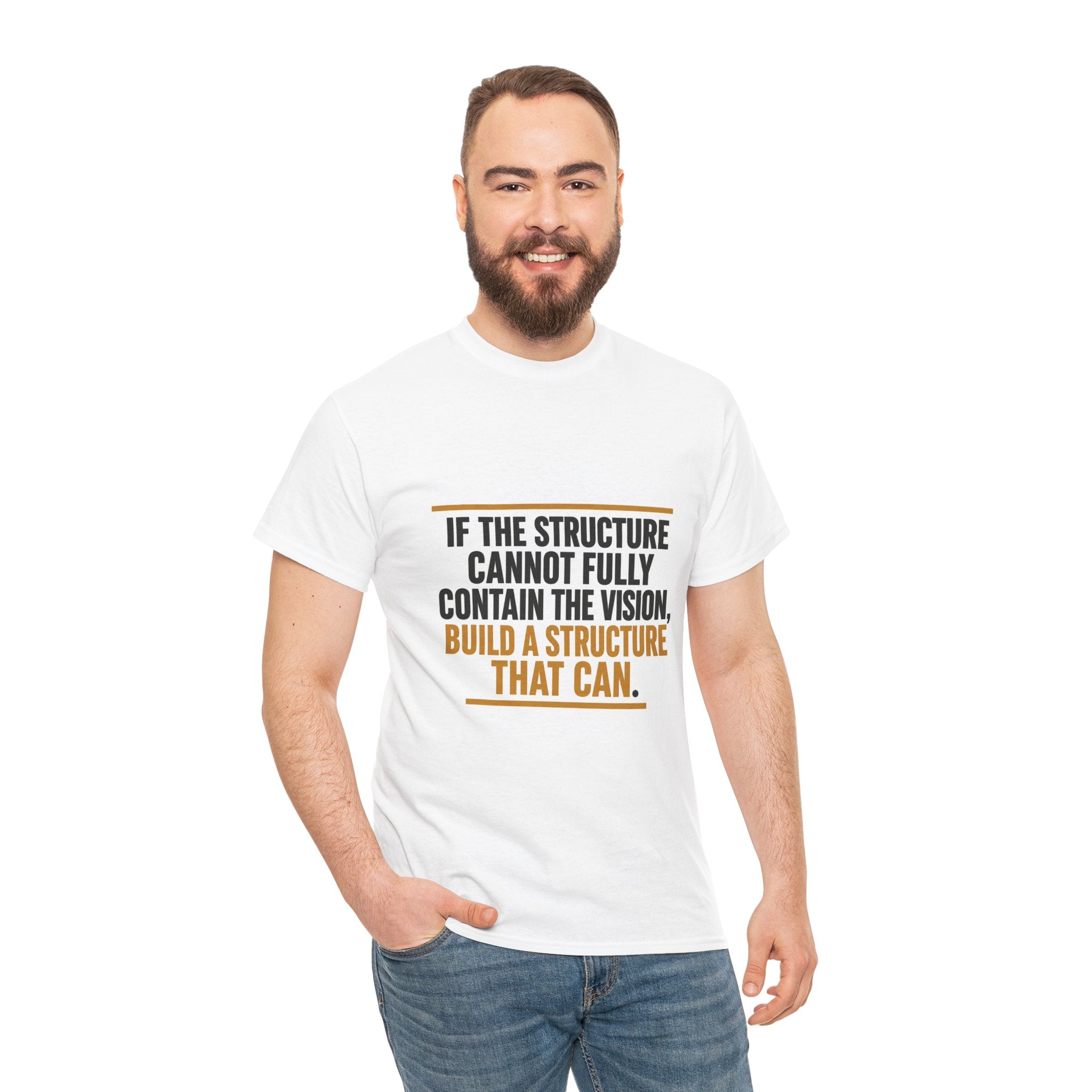 Man wearing a white t-shirt with a motivational quote on a white background