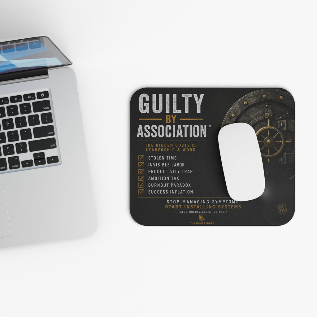 Mouse pad with text design next to a laptop on a white surface