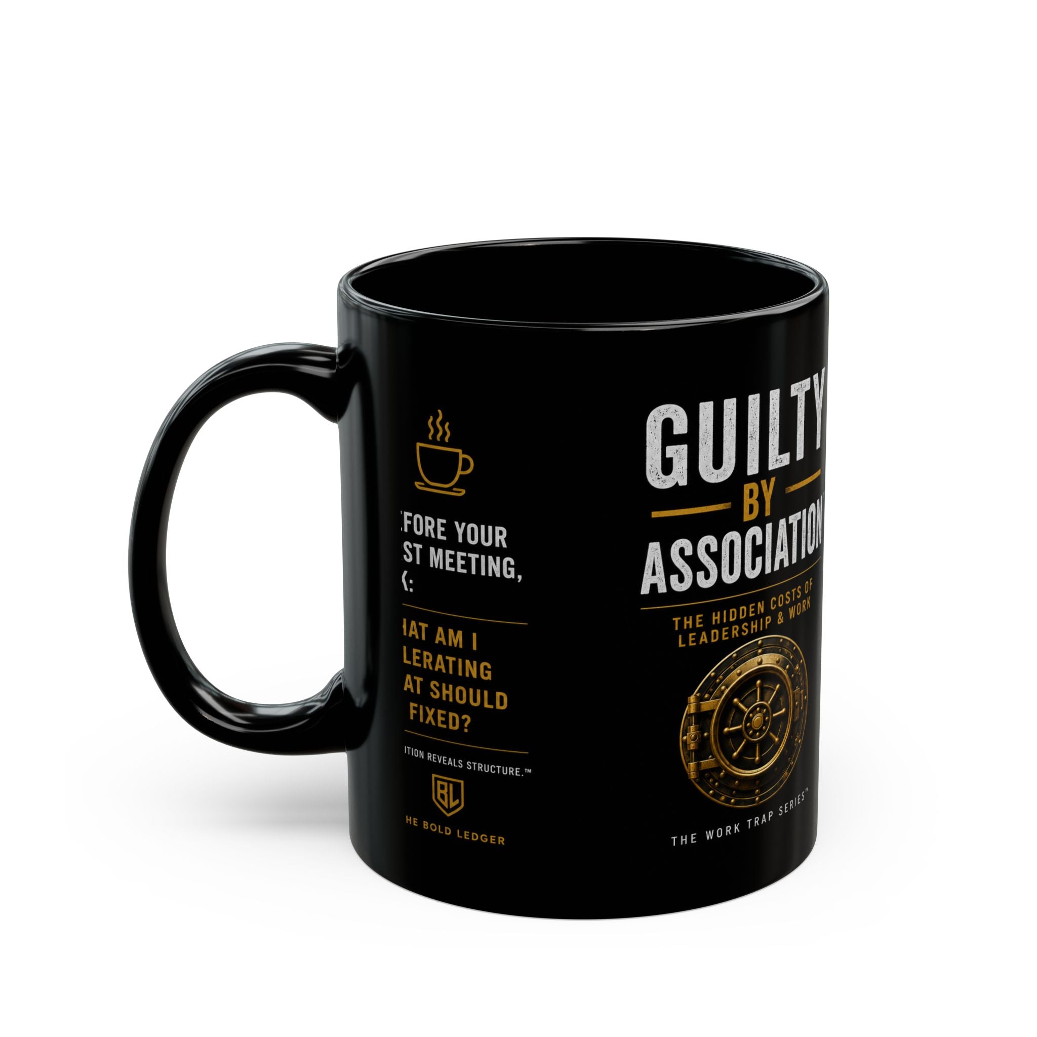 Black mug with humorous text and graphics on a white background