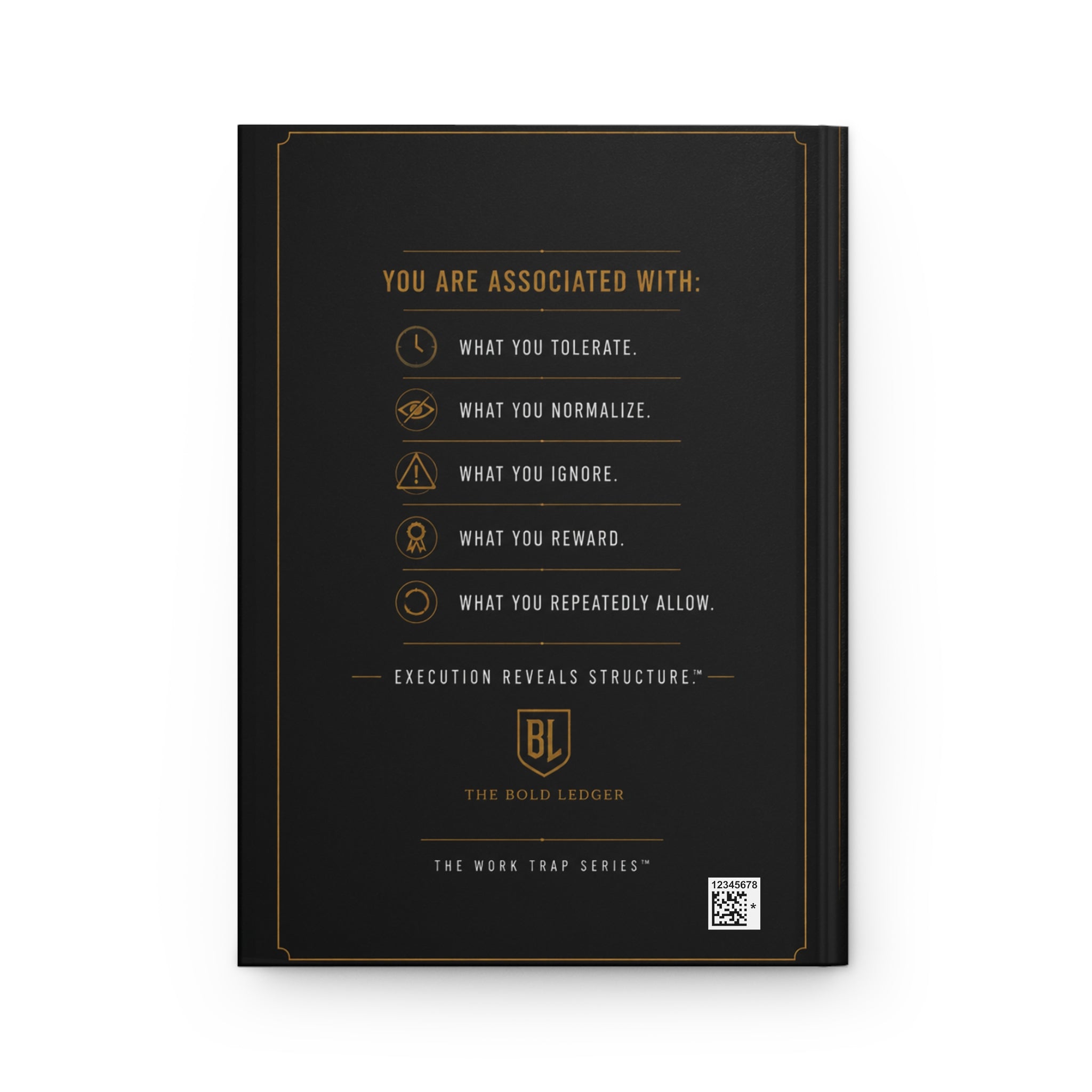 Black book with gold text and branding on a white background