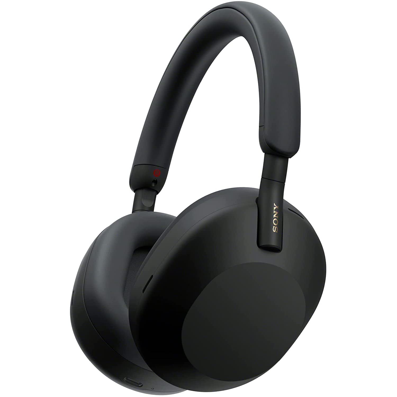 Premium black Sony WH-1000XM5 noise-canceling headphones resting on a minimalist matte black stand against a dark, textured background. Features the Bold Leadership Path logo in gold.