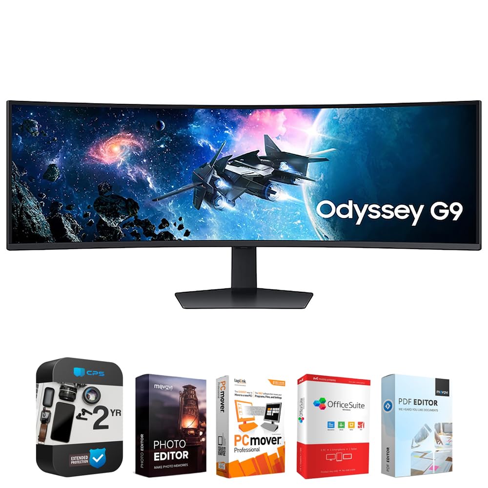 A Samsung Odyssey G9 49-inch Ultrawide monitor setup on a sleek executive desk, representing efficiency and multitasking for agency leaders.
