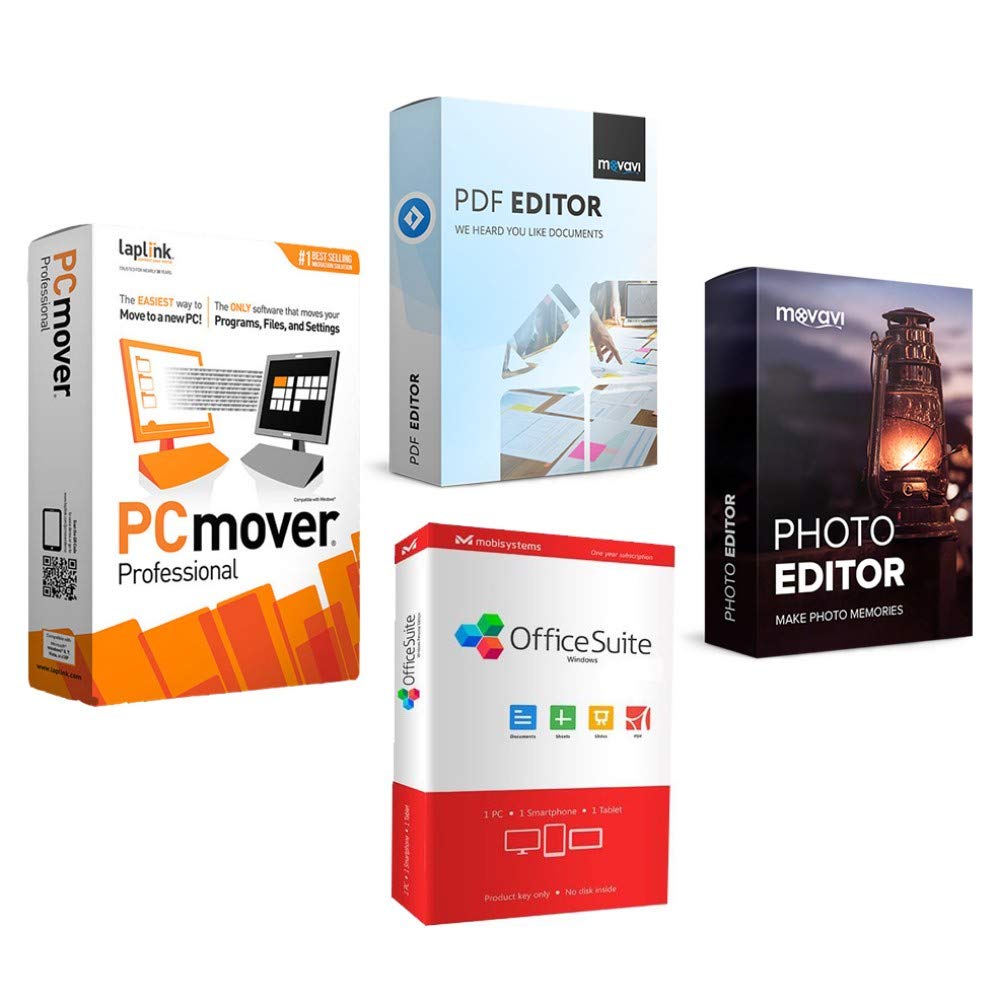 Four software packages including PCmover, PDF Editor, OfficeSuite, and Photo Editor on a white background.