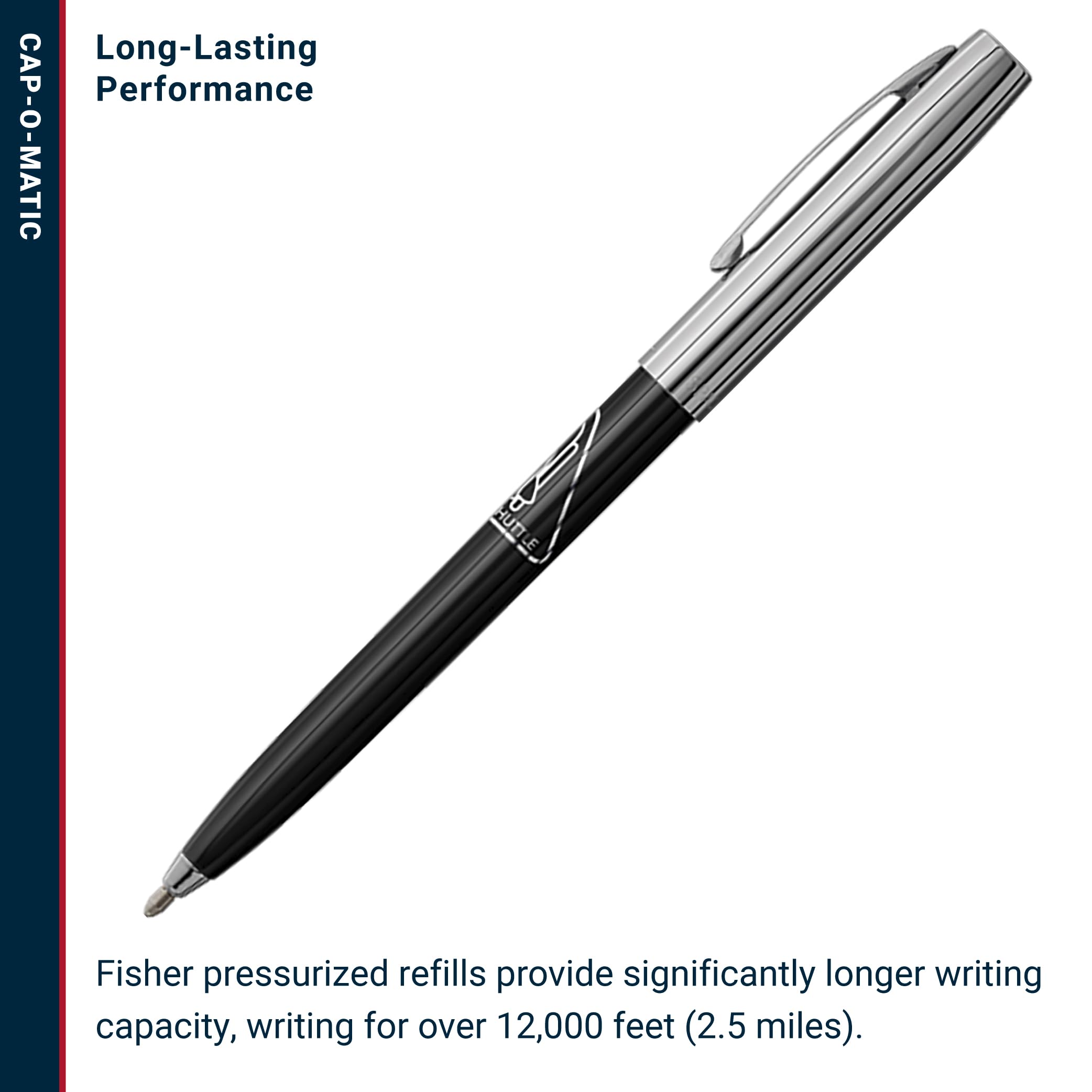 A polished silver Fisher Space Pen with a space shuttle engraving, lying on a dark grey slate surface. Includes the Bold Leadership Path branding.