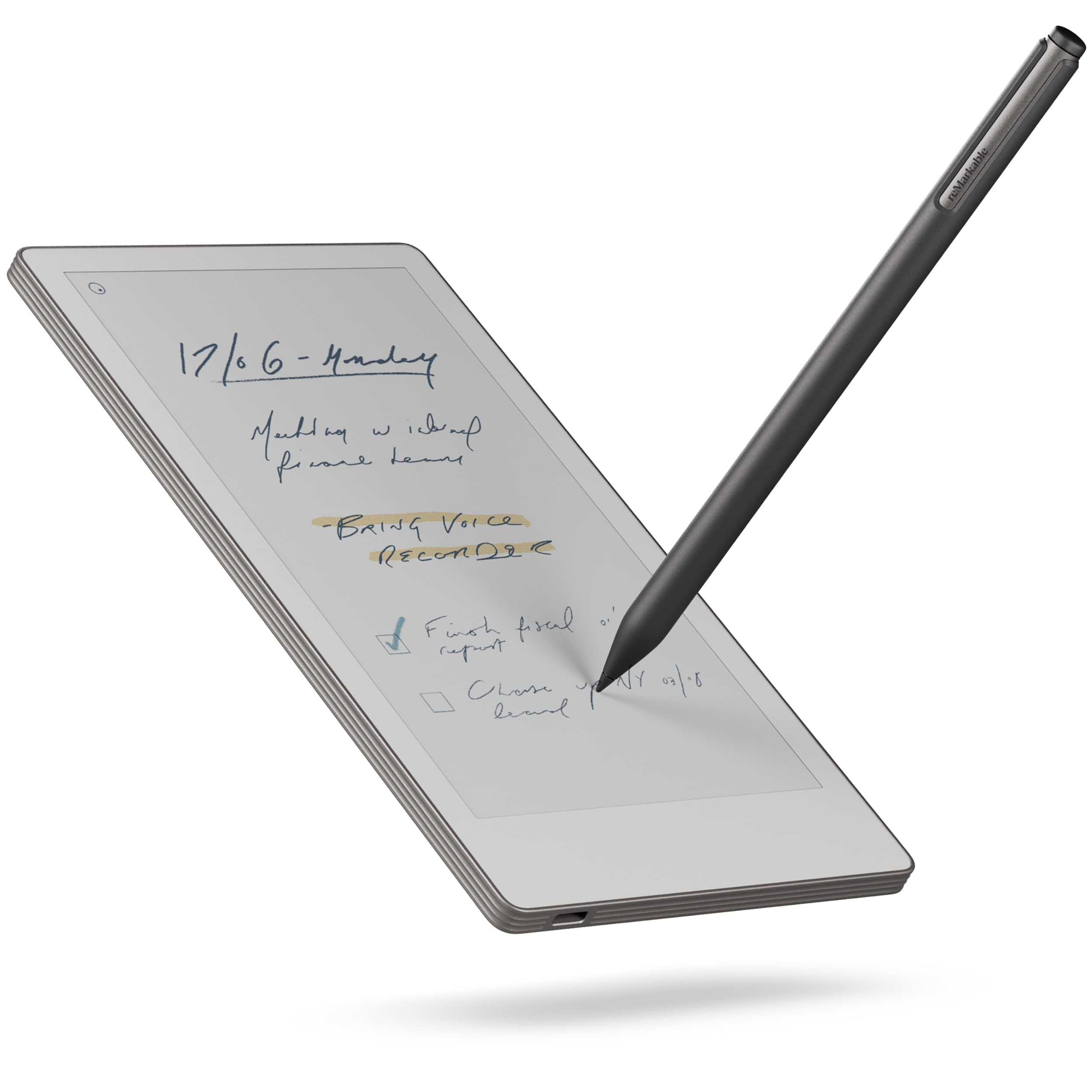  A reMarkable Paper Pro digital tablet displaying a "Stability Quotient" leadership dashboard with metrics for Emotional Control and Decision Clarity, positioned next to a sleek black stylus on a dark desk. Includes Bold Leadership Path logo.