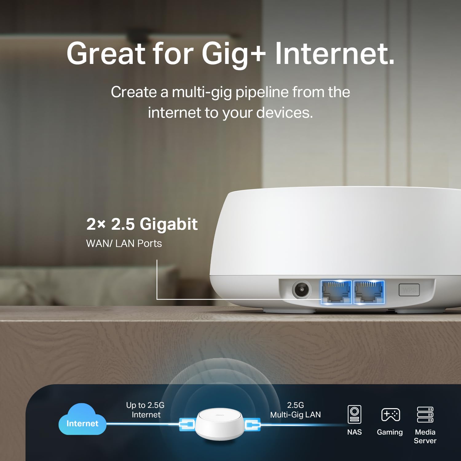 The TP-Link Wi-Fi 7 Mesh System nodes in a contemporary workspace, signifying enterprise-grade connectivity and reliability for hybrid leaders.