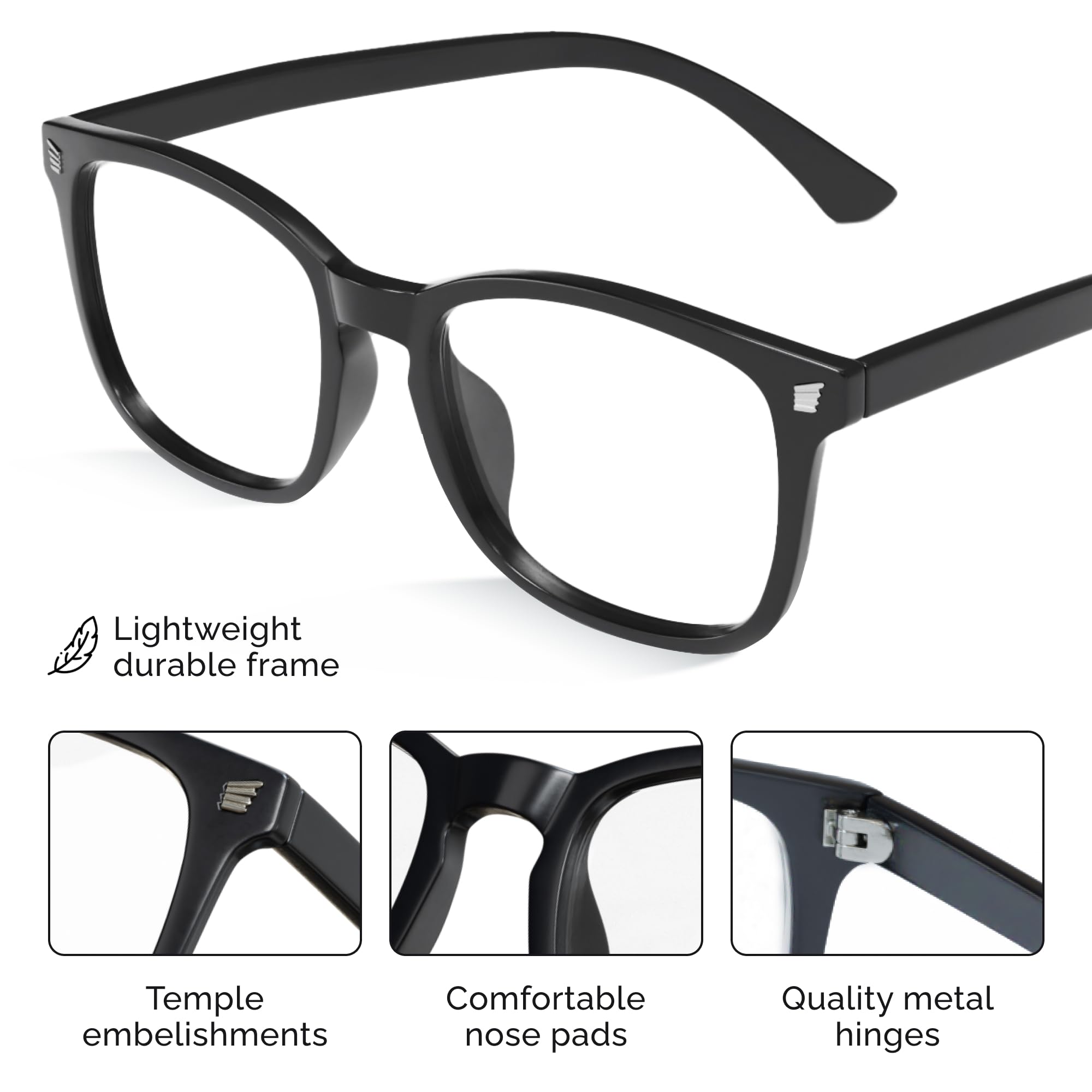 Stylish black-framed Livho blue light blocking glasses resting on a light-colored stone surface next to a geometric white cube. Includes Bold Leadership Path logo.