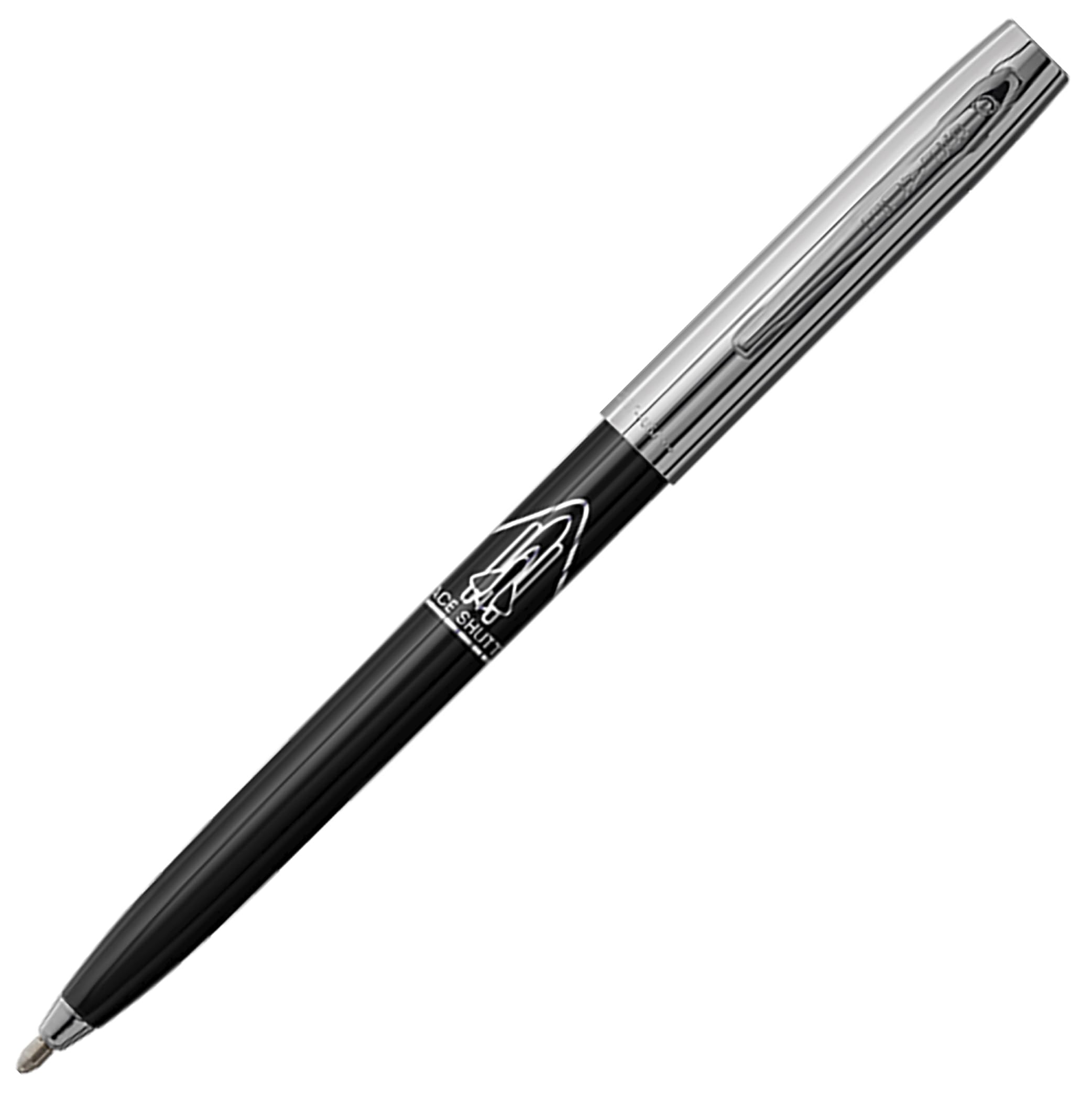 A polished silver Fisher Space Pen with a space shuttle engraving, lying on a dark grey slate surface. Includes the Bold Leadership Path branding.