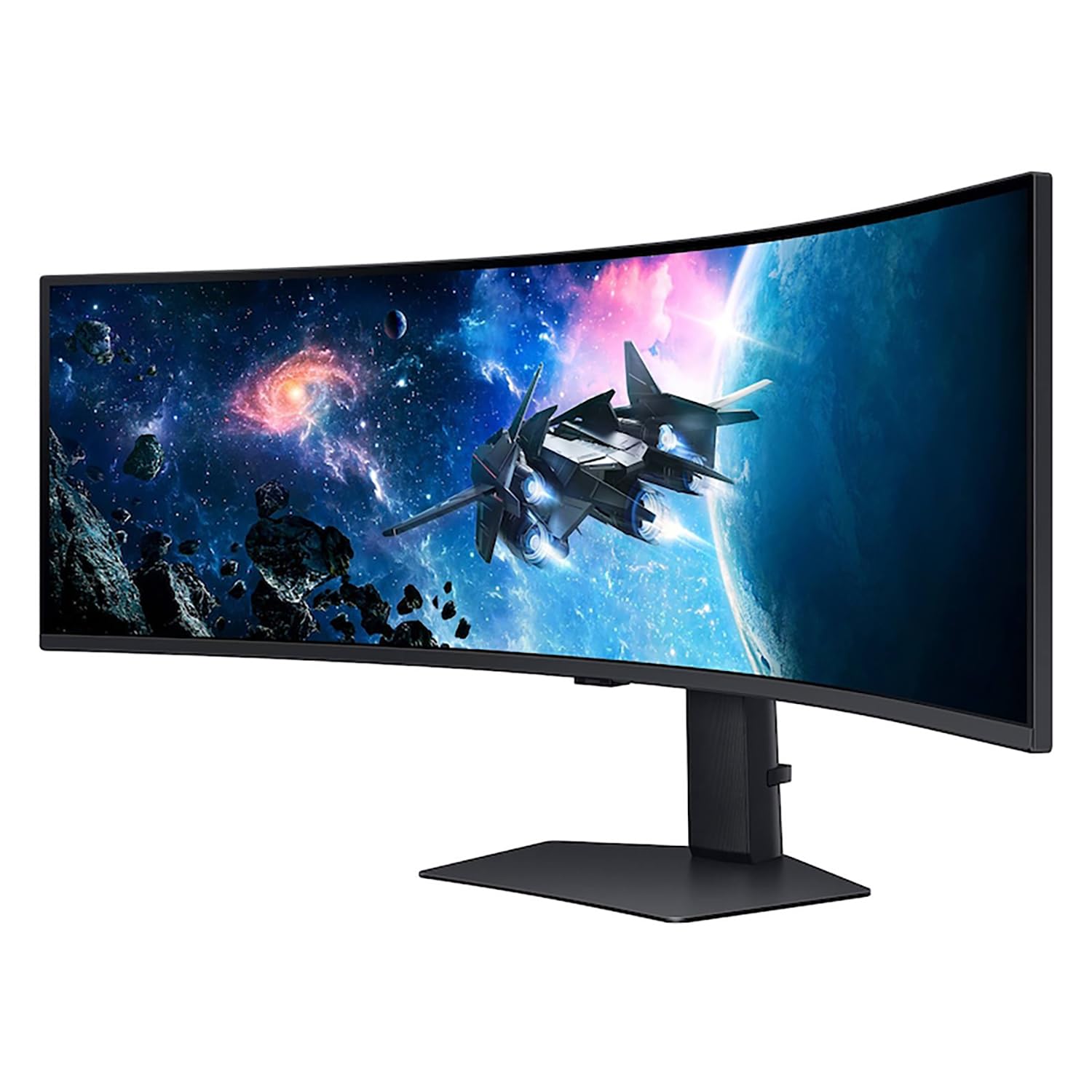 A Samsung Odyssey G9 49-inch Ultrawide monitor setup on a sleek executive desk, representing efficiency and multitasking for agency leaders.
