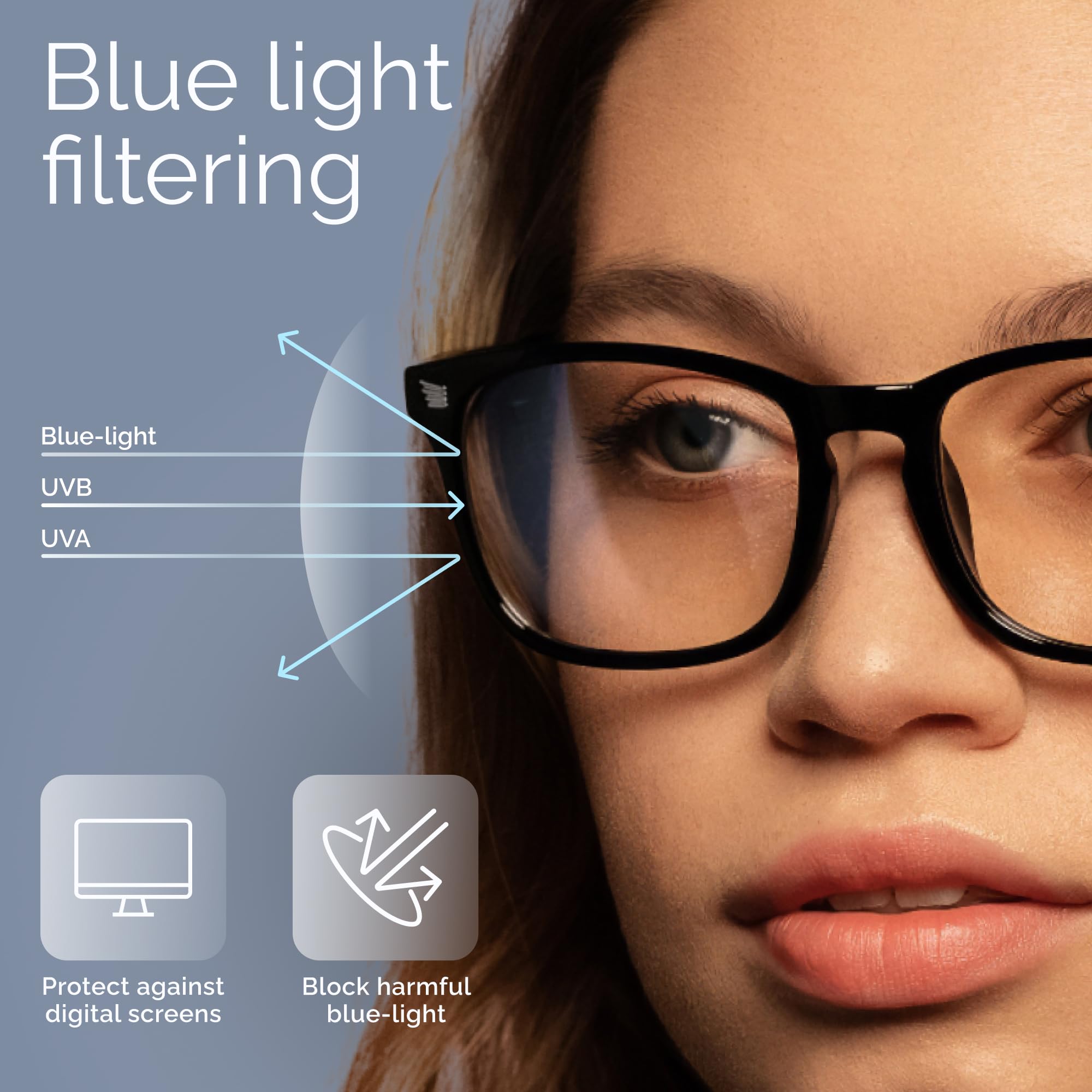 Stylish black-framed Livho blue light blocking glasses resting on a light-colored stone surface next to a geometric white cube. Includes Bold Leadership Path logo.