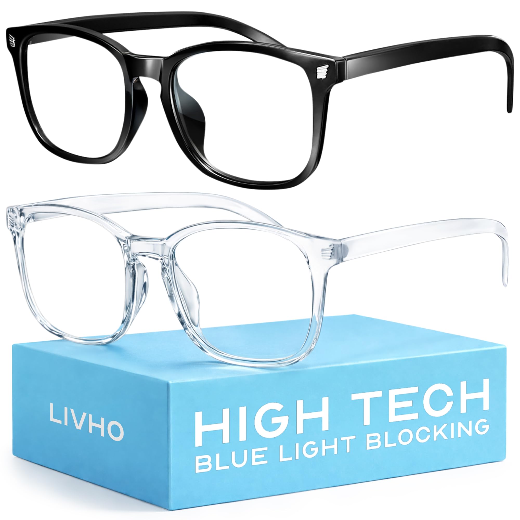 Stylish black-framed Livho blue light blocking glasses resting on a light-colored stone surface next to a geometric white cube. Includes Bold Leadership Path logo.
