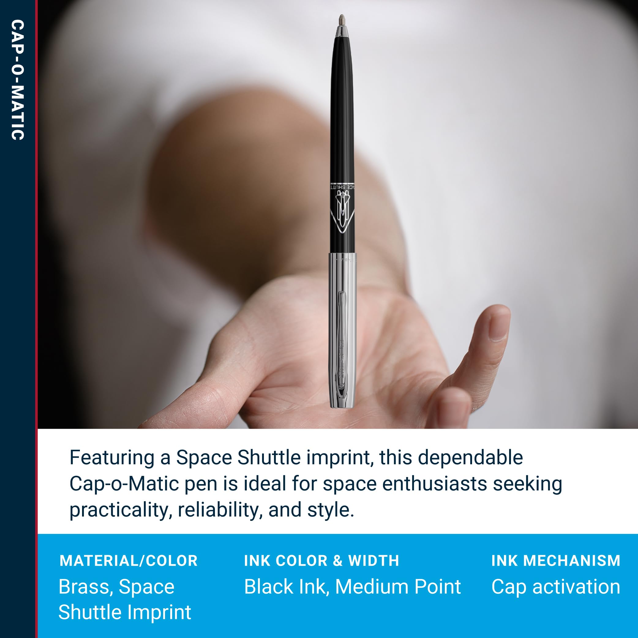 A polished silver Fisher Space Pen with a space shuttle engraving, lying on a dark grey slate surface. Includes the Bold Leadership Path branding.