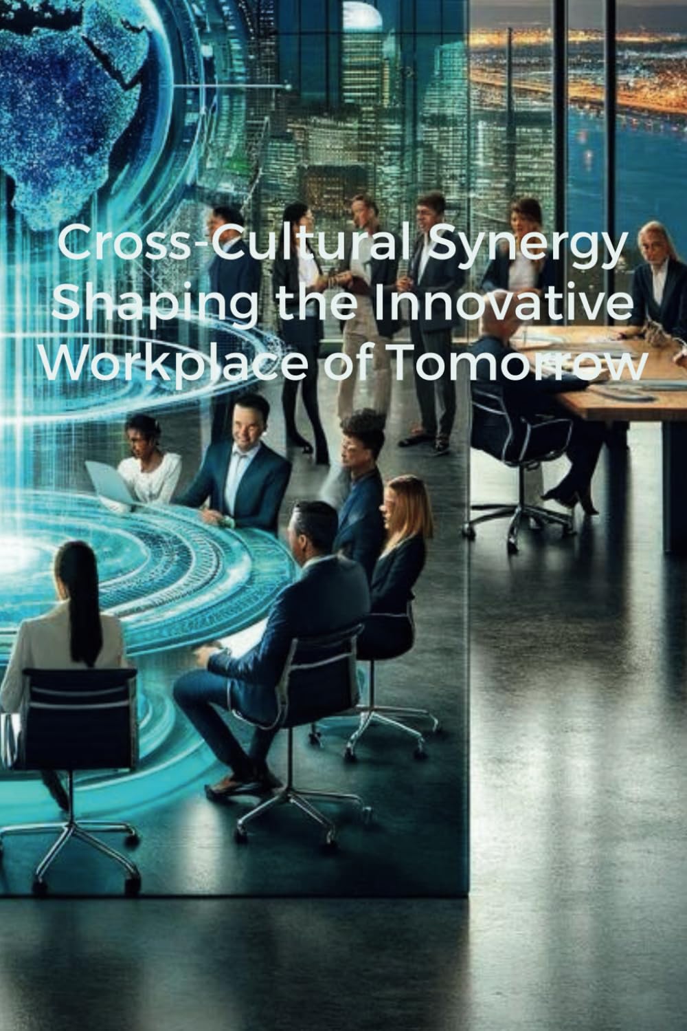 Modern office setting with people collaborating, overlaid with text about cross-cultural synergy and the innovative workplace of tomorrow.