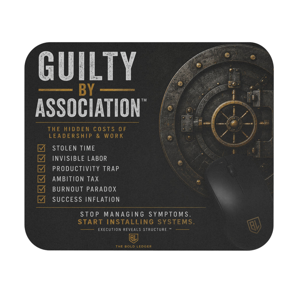 Mouse pad with 'Guilty by Association' text and design elements on a black background
