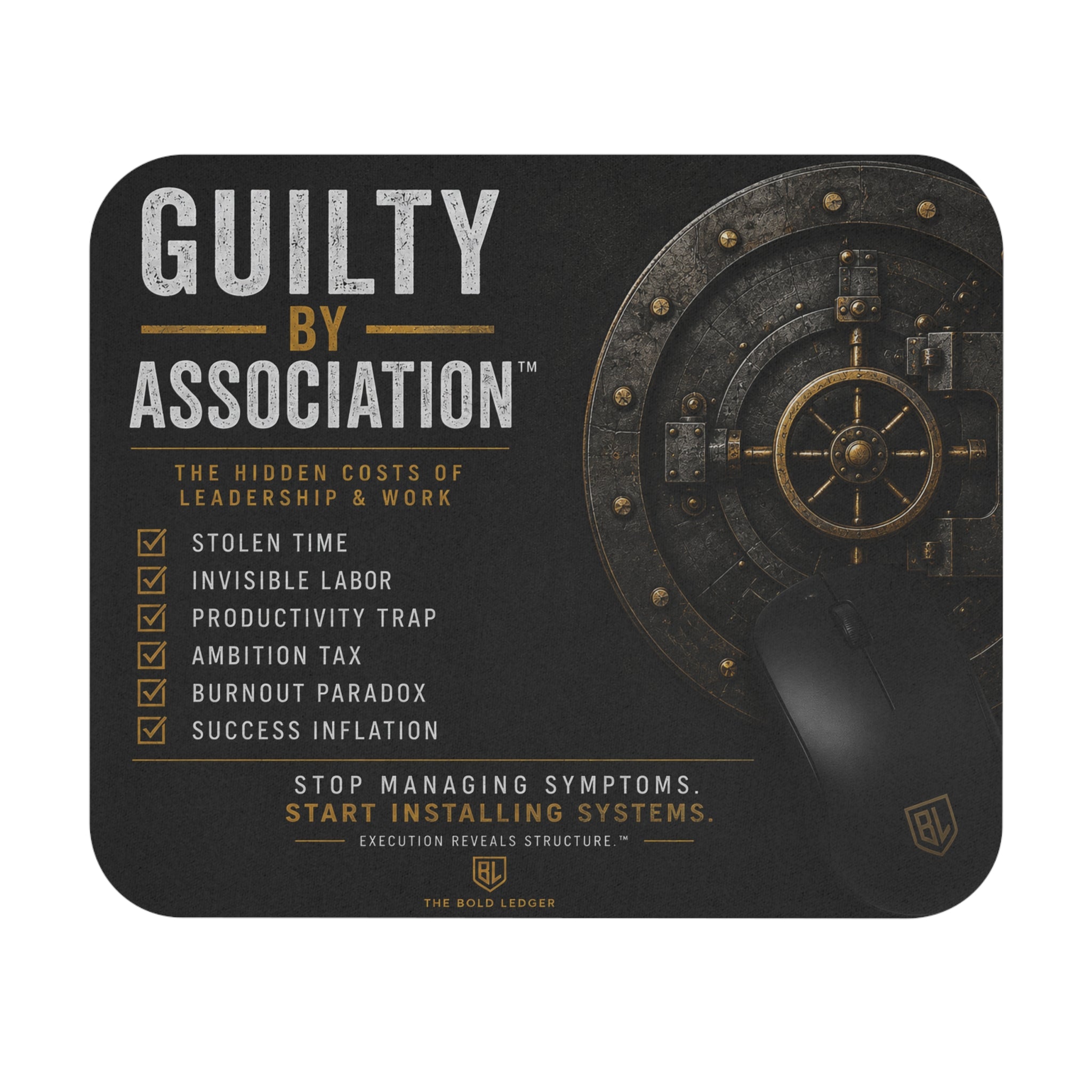 Mouse pad with 'Guilty by Association' text and design elements on a black background