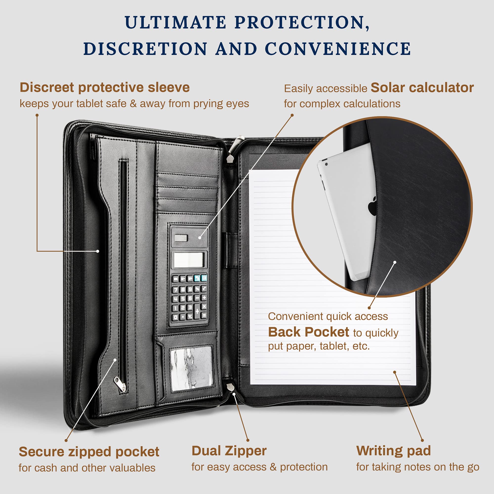  A professional black vegan leather Cossini business portfolio zipped shut, paired with a smartphone and a silver pen on a sleek dark surface. Features the Bold Leadership Path logo