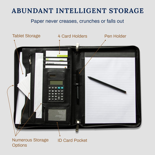  A professional black vegan leather Cossini business portfolio zipped shut, paired with a smartphone and a silver pen on a sleek dark surface. Features the Bold Leadership Path logo