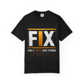 Black t-shirt with 'FIX' logo and text on a white background