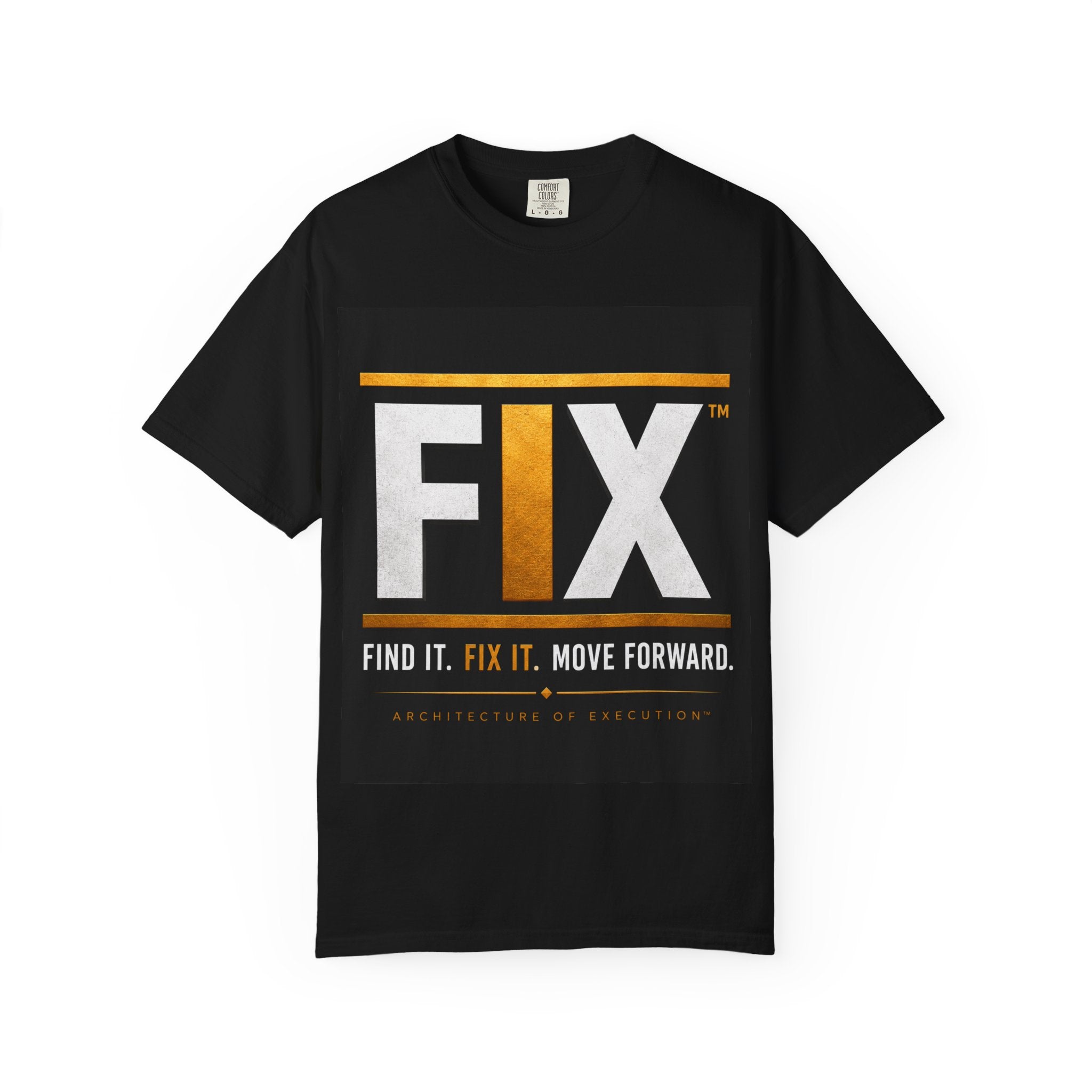 Black t-shirt with 'FIX' logo and text on a white background