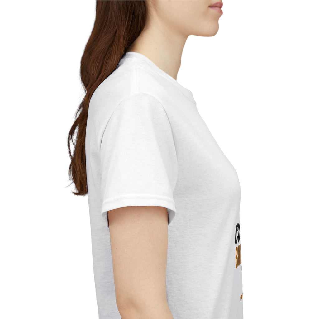 White t-shirt with colorful designs on a plain background