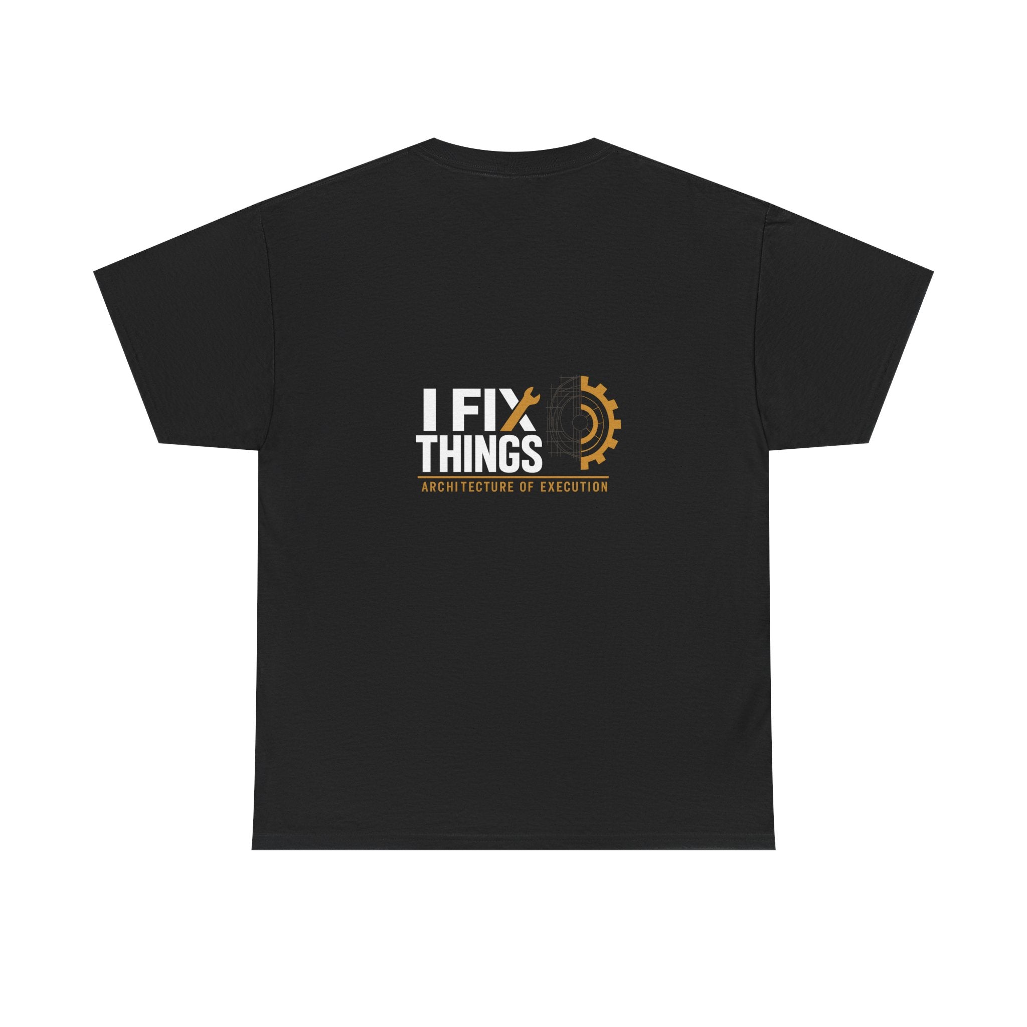 Black t-shirt with 'I Fix Things' graphic on a white background