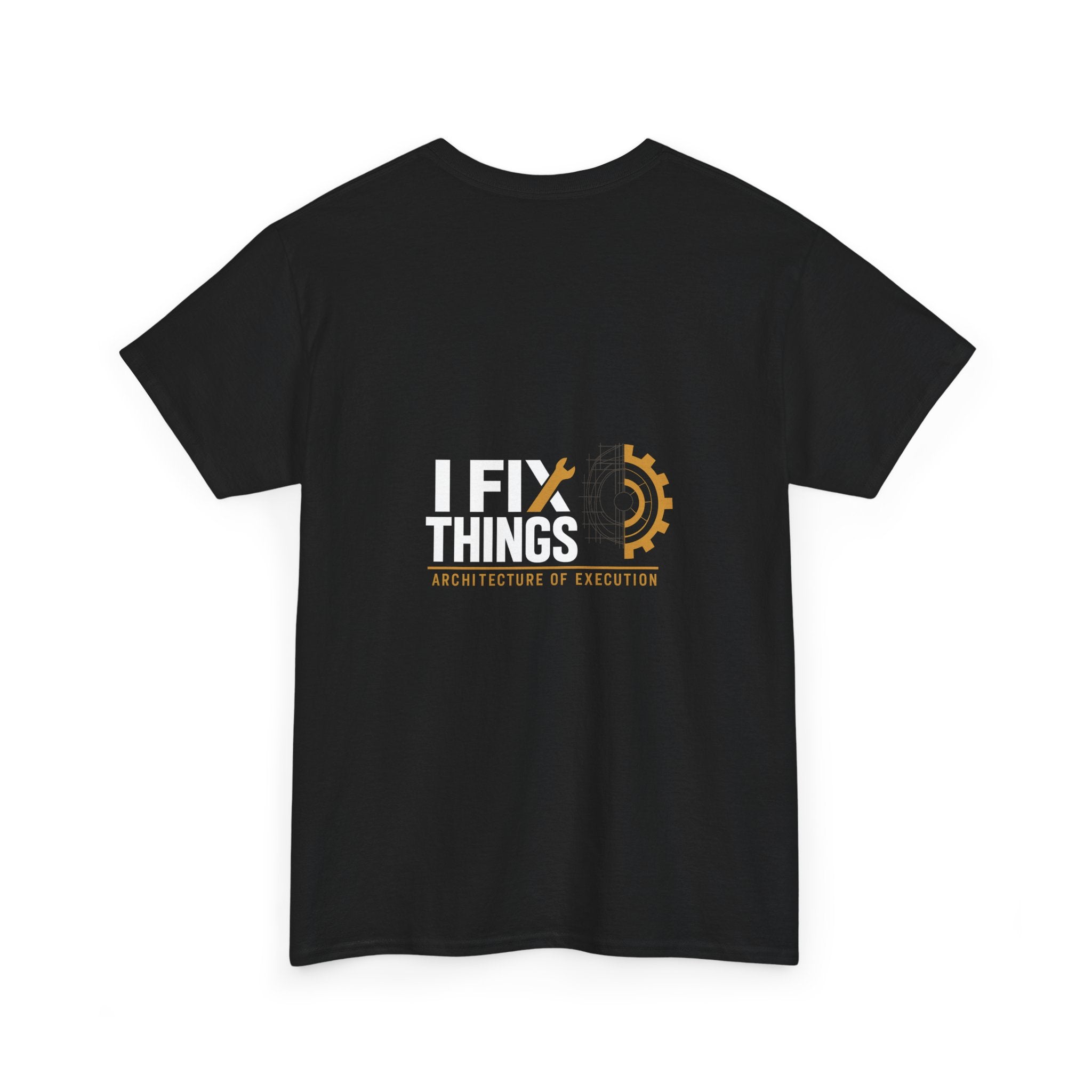Black t-shirt with 'I Fix Things' text and gear design on a white background