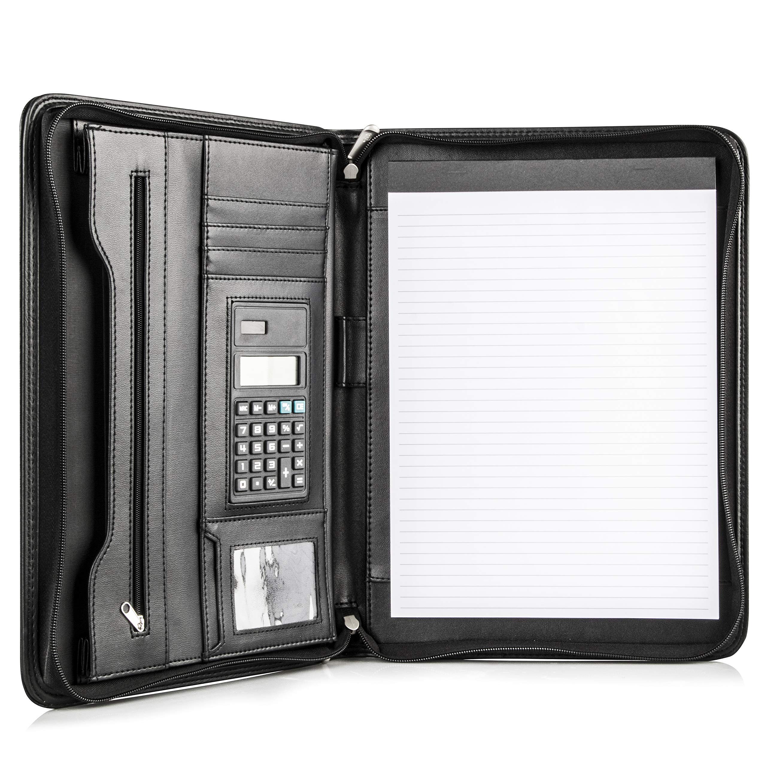  A professional black vegan leather Cossini business portfolio zipped shut, paired with a smartphone and a silver pen on a sleek dark surface. Features the Bold Leadership Path logo