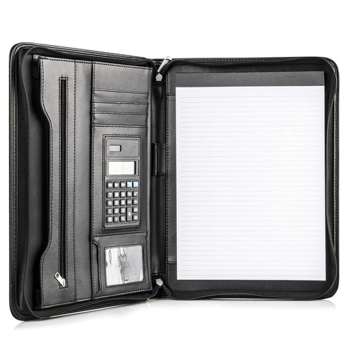 A professional black vegan leather Cossini business portfolio zipped shut, paired with a smartphone and a silver pen on a sleek dark surface. Features the Bold Leadership Path logo