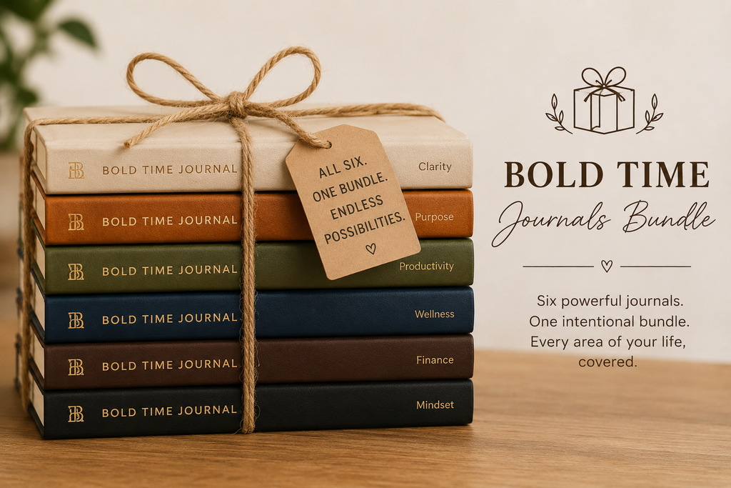 Stack of 'Bold Time Journal' books tied with string on a wooden surface, with text about the bundle.