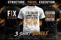 Three shirts with motivational quotes on a dark background