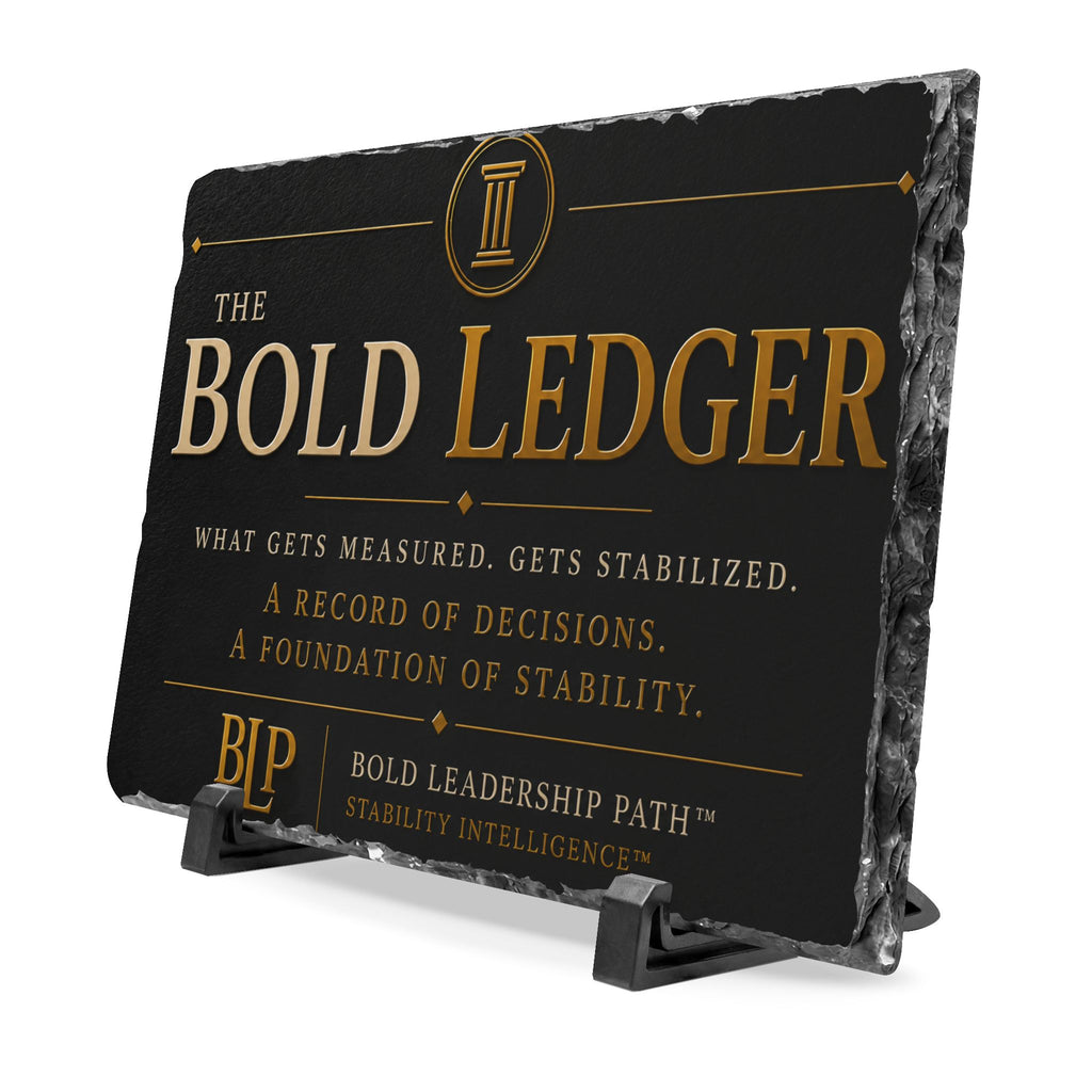 Black slate plaque with 'The Bold Ledger' branding and text on a white background