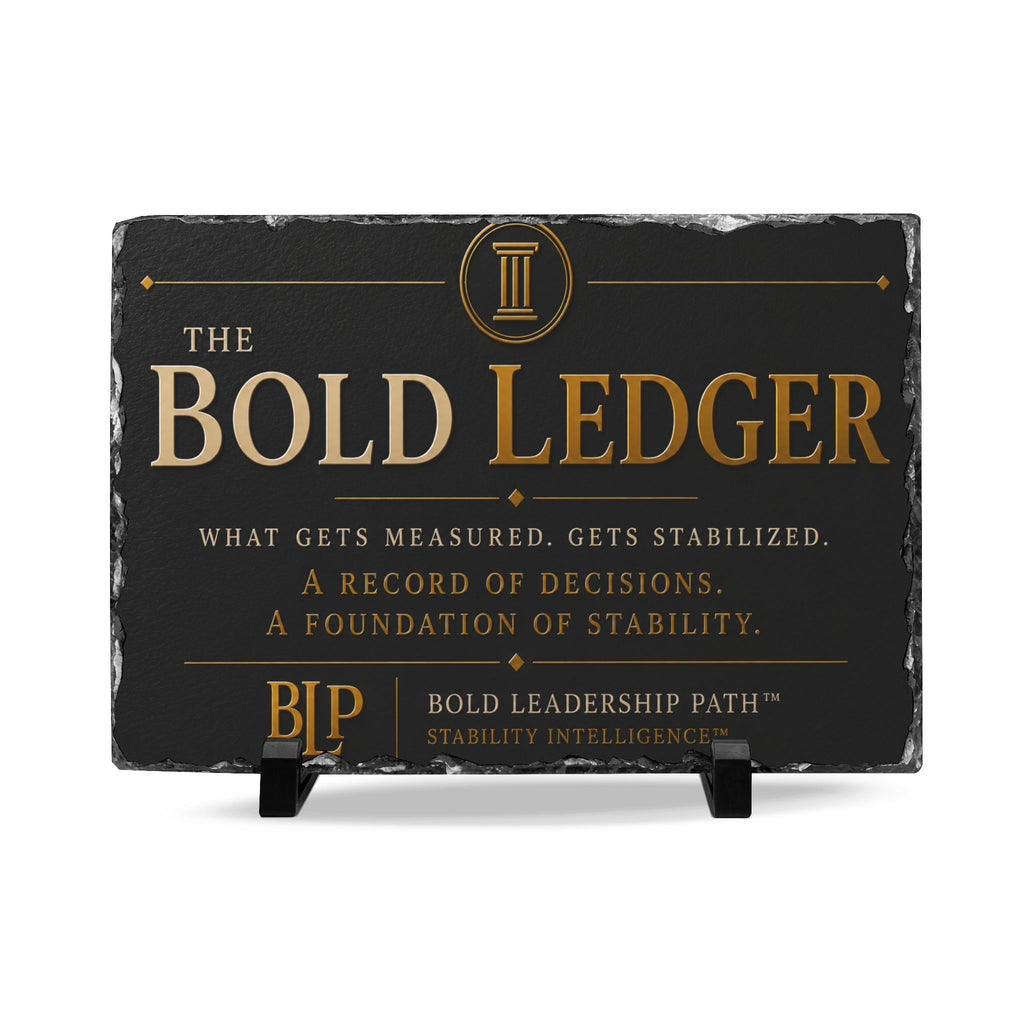 Black plaque with 'The Bold Ledger' branding and text on a white background
