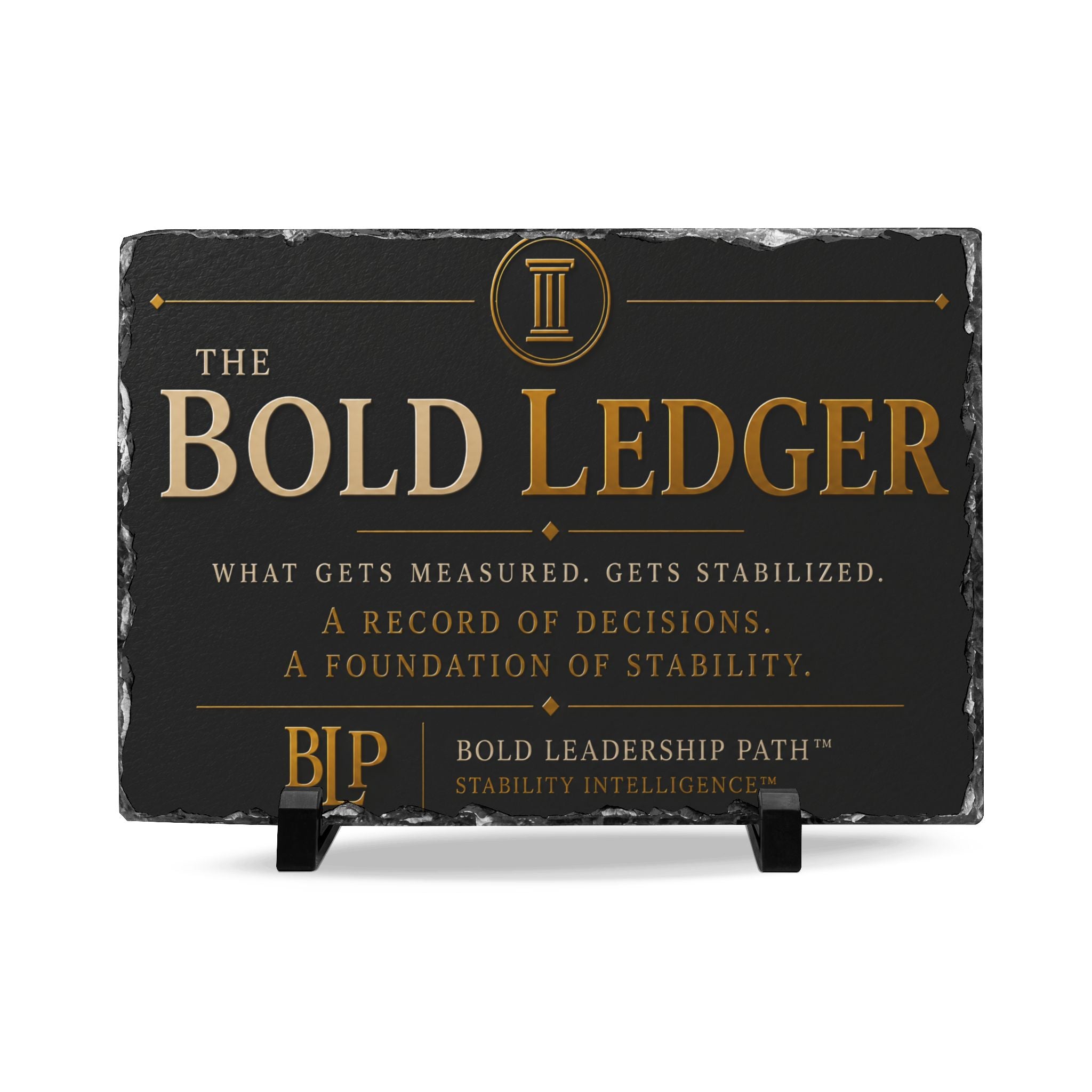 Black plaque with 'The Bold Ledger' branding and text on a white background