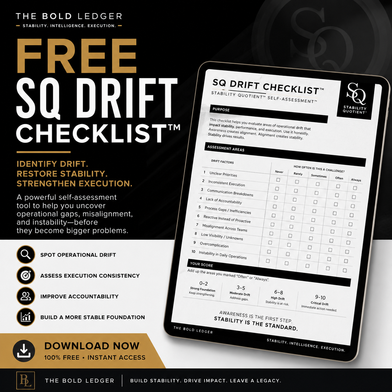 Promotional graphic for a free SQ Drift Checklist with tablet displaying the checklist on a dark background.